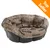 Cuccia marrone per animali con scritte visibili: Paris, Tokyo, London, Hong-Kong, New York, Sidney. Angolo arancione in alto a destra con testo: Top Seller. Cuccia marrone per animali con scritte visibili: Paris, Tokyo, London, Hong-Kong, New York, Sidney. Angolo arancione in alto a destra con testo: Top Seller.