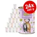 24 κονσέρβες GranataPet DeliCATessen 400g, γεύση αρνί & γαλοπούλα. Ετικέτα με δύο γάτες, κείμενο 'Paté', 'Lamm & Truthahn', εικονίδια χωρίς δημητριακά και ρόδι.