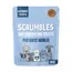 Scrumbles gut friendly dog treats, postbiotic nibbles, 100g pack. Label highlights postbiotic treats and features illustrations of various dogs.