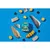 Product image showing a box of Naturediet Feel Good White Fish surrounded by visible ingredients including fish fillets, potato slices, rice grains and seaweed pieces on a blue background.