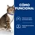 Texto: CÓMO FUNCIONA. Favorece unos niveles de pH urinario óptimos (pH 5,9–6,1). Niveles bajos de magnesio y fósforo. Imagen de un gato atigrado con collar azul.