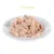 Petto di pollo & tonno, carne sminuzzata su piatto bianco. Testo visibile: Petto di pollo & tonno.