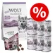 Sada Little Wolf of Wilderness: balení granulí Hills 1 kg, pamlsky Wild Bites a šest konzerv Wild Hills 400 g, označení akce s procentem. Text: 100% grain-free recipe.