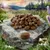 Pile of brown kibble pieces displayed on a rock with a size guide showing each piece measures 9 to 11 millimetres.