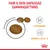 Bild på foderbitar med text: HAIR & SKIN ANPASSAD SAMMANSÄTTNING, VITAMINER, OMEGA-3 OCH -6. Royal Canin-symbol synlig längst ner.