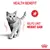 Text: HEALTH BENEFIT. Helps limit weight gain. Red kcal icon with arrow. Image of a cat walking. Royal Canin crown symbol bottom right.