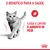 Texto: O benefício para a saúde. Ajuda a limitar o aumento de peso. Ícone com velocímetro e texto Kcal. Gato cinzento ao centro. Marca Royal Canin visível.