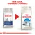 Royal Canin Indoor 7+ cat food packaging change, old and new bags side by side with red arrow. Text: New look, upgraded formula. Both bags show a grey tabby cat and product details.
