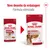 Comparação de embalagens Royal Canin Medium Adult 140 g, com texto: 'Novo desenho da embalagem. Fórmula otimizada'. Ambas mostram cão e comida em molho (Gravy-Salsa).