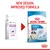 New design and improved formula for Royal Canin Puppy Giant food, showing transition from old to new packaging for puppies over 45 kg aged 2-8 months.