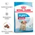 Sachet Royal Canin Puppy Medium 2–12 months, points clés : système immunitaire fort, développement cérébral, taille de la croquette adaptée, illustration d’un chiot et croquettes visibles.