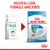 Ancien et nouveau packaging Royal Canin Starter Mother & Babydog Mini, poids adulte jusqu’à 10 kg. Texte visible : Nouveau look, formule améliorée.