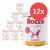 12 lattine Rocco Diet Care Diabetic, pollo e manzo con riso, 800 g, scritta 'High in fibre' visibile sull'etichetta.