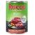 Tin labelled as beef, lamb, vegetables and rice menu, enriched with carbohydrates. Shows images of raw meat, peas, carrots and rice. 400g.