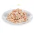 Piatto bianco con pezzi di salmone sminuzzato, testo visibile: Salmone.