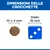 Dimensioni delle crocchette: 10 x 4 mm accanto a un dado blu da 16 mm per confronto visivo. Testo: 'DIMENSIONI DELLE CROCHETTE', 'Dado 16 mm'.