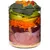 Glass container with visible layers of raw chicken pieces, organ meat, grated carrot, banana slices, green apple slices, broccoli florets and orange fruit segments. No brand or text shown.