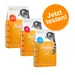 Drei Smilla Adult Trockenfutter-Packungen mit den Sorten Poultry, Beef und Fish. Orangefarbener Kreis mit Text: Jetzt testen!