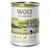 Wolf of Wilderness Green Fields, 100% grain-free, 400 g. Texte en anglais et allemand : agneau avec fruits des bois, racines et herbes sauvages.