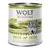 Lata de Wolf of Wilderness Green Fields, 800 g, 100% grain-free. Texto visible: 'Lamb with fruits of the forest, roots and wild herbs'.