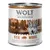 Lata de Wolf of Wilderness Oak Woods, 800 g, 100% grain-free. Texto visible: wild boar with fruits of the forest, roots and wild herbs. Imagen de bosque y silueta de animal.