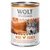 Lata de Wolf of Wilderness Wide Acres, 400 g, texto visible: 100% grain-free, chicken with wild berries, roots and wild herbs. Imagen de paisaje y lobo en la etiqueta. Lata de Wolf of Wilderness Wide Acres, 400 g, texto visible: 100% grain-free, chicken with wild berries, roots and wild herbs. Imagen de paisaje y lobo en la etiqueta.