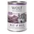 Wolf of Wilderness Wild Hills, 100% grain-free, can de 400 g. Texte visible : 'Ente mit Waldbeeren, Wurzeln und Wildkräutern'.