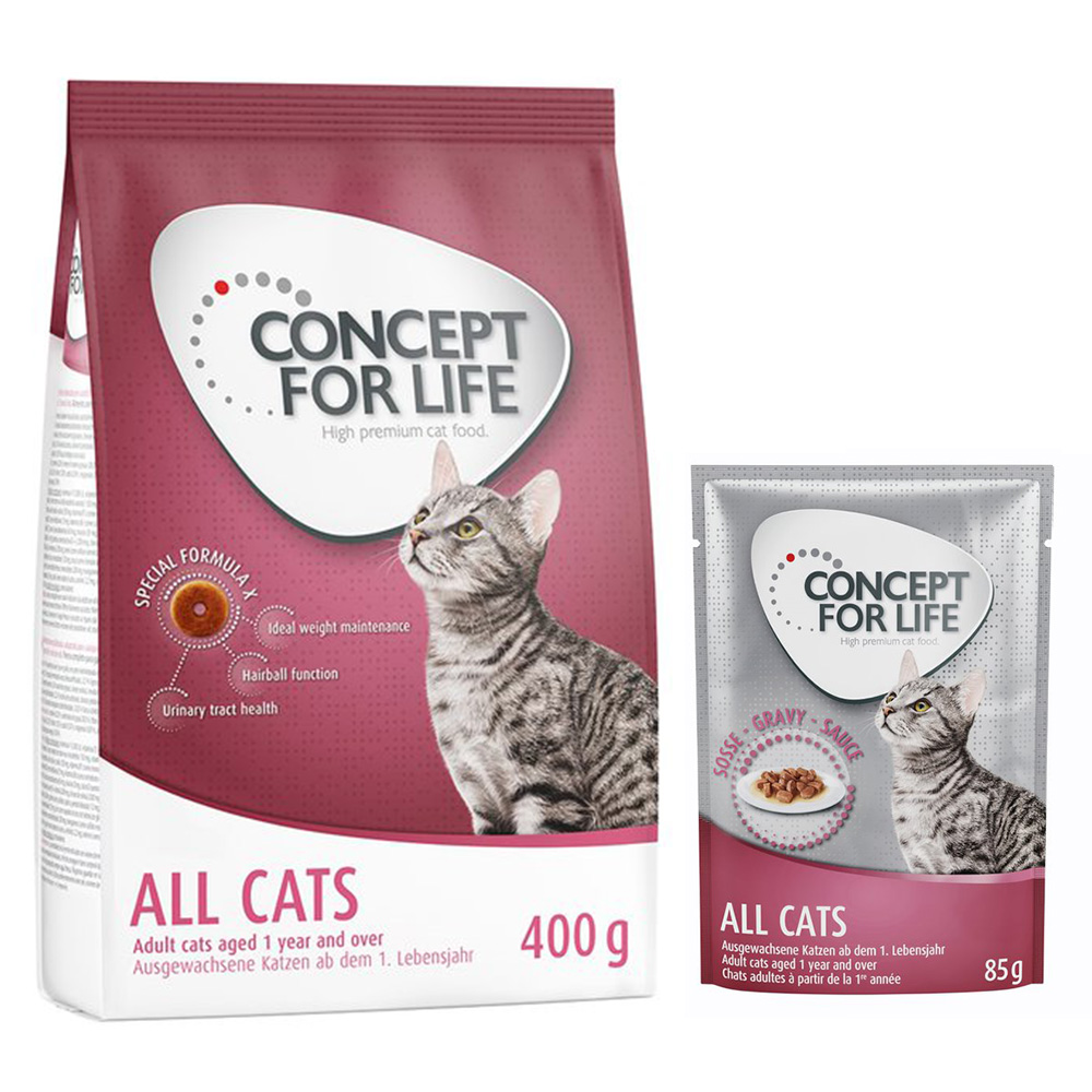 Concept for Life Kombi-Paket: 400 g Trockennahrung + 12 x 85 g Nassnahrung in Soße - All Cats Mixpaket