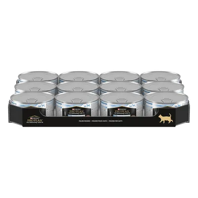 Tray containing twelve cans of Purina Pro Plan Veterinary Diets Feline Mousse, with product name and cat silhouette visible on packaging.