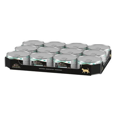 Tray containing twelve cans of Purina Pro Plan Veterinary Diets Feline Mousse, each with a pull-tab lid and labelled for cats. Tray containing twelve cans of Purina Pro Plan Veterinary Diets Feline Mousse, each with a pull-tab lid and labelled for cats.
