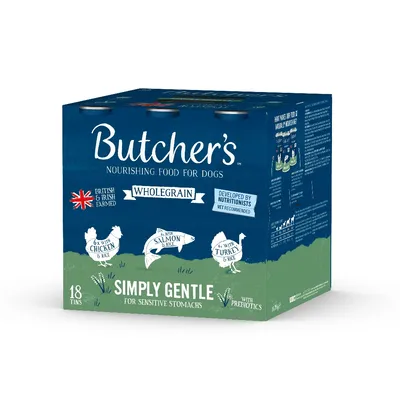 Butcher's wholegrain nourishing food, 18 tins: 6 with chicken and rice, 6 with salmon and rice, 6 with turkey and rice. Simply Gentle for sensitive stomachs, with prebiotics.