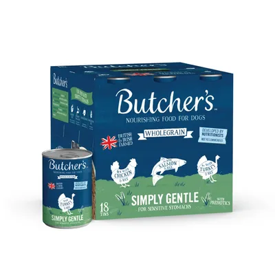 Butcher's wholegrain nourishing food for dogs, Simply Gentle for sensitive stomachs with prebiotics. Contains 18 tins: chicken and rice, salmon and rice, turkey and rice.