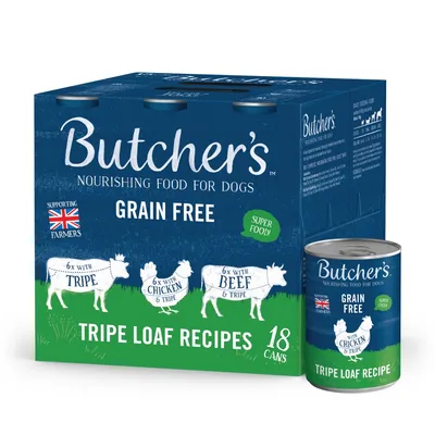 Butcher's grain free tripe loaf recipes, 18 cans with 6 tripe, 6 chicken and tripe, 6 beef and tripe. Super food, supporting farmers, nourishing food for dogs.