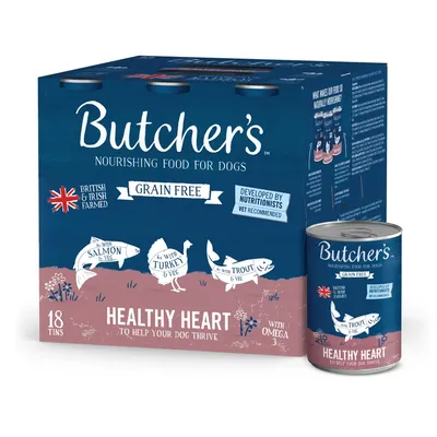 Butcher's nourishing food for dogs, grain free, British and Irish farmed, developed by nutritionists, with salmon, turkey, trout and veg, 18 tins, healthy heart, with omega 3.