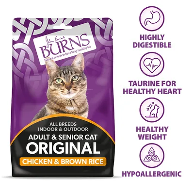 Burns Original chicken and brown rice food for adult and senior cats. Features: highly digestible, taurine for healthy heart, supports healthy weight, hypoallergenic.