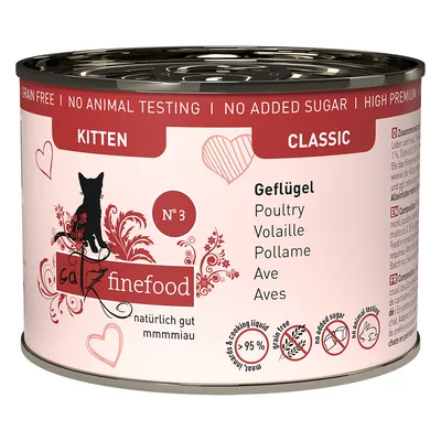 Catz Finefood Classic No. 3, kitten, poultry, 95% meat content, grain-free, no added sugar, no animal testing.