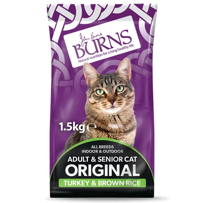 1.5kg bag labelled Adult & Senior Cat Original, turkey and brown rice, for all breeds indoor and outdoor. Visible text: Burns, natural nutrition for a long healthy life.
