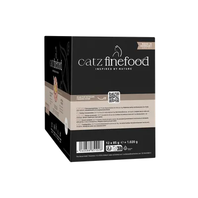 catz finefood inspired by nature, Made in Germany sinds 2010, Voedingsadvies: 2,7–5% van het lichaamsgewicht per dag, 12 x 85 g = 1.020 g, Scan voor een gedetailleerde voedingsgids. catz finefood inspired by nature, Made in Germany sinds 2010, Voedingsadvies: 2,7–5% van het lichaamsgewicht per dag, 12 x 85 g = 1.020 g, Scan voor een gedetailleerde voedingsgids.
