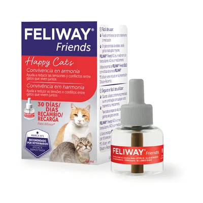 FELIWAY Friends recambio 48 ml para difusor, ayuda a reducir tensiones entre gatos. Caja con texto: 30 días recambio, recomendado por veterinarios, eficacia demostrada.