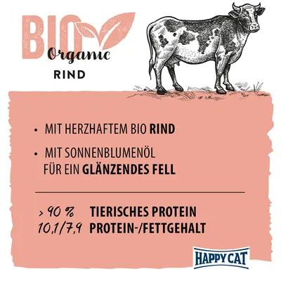 Texte en allemand : Bio Organic Rind, mit herzhaftem Bio Rind, mit Sonnenblumenöl für ein glänzendes Fell, >90 % tierisches Protein, 10,1/7,9 Protein-/Fettgehalt, Happy Cat.