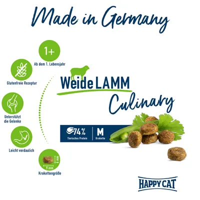 Happy Cat Weide Lamm Culinary, Made in Germany, ab dem 1. Lebensjahr, glutenfreie Rezeptur, unterstützt die Gelenke, leicht verdaulich, 74% tierisches Protein, Krokettengrösse 9mm.