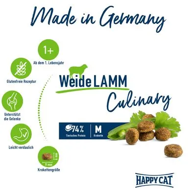 Happy Cat Weide Lamm Culinary, Made in Germany, glutenvrije receptuur, ondersteunt de gewrichten, licht verteerbaar, 74% dierlijk eiwit, M krokette, vanaf 1 jaar. Tekst deels in het Duits.