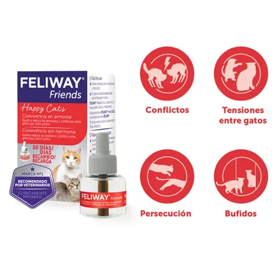 FELIWAY Friends recambio 30 días. Recomendado por veterinarios, clínicamente probado. Ayuda a reducir conflictos, tensiones entre gatos, persecución y bufidos. Texto en español.