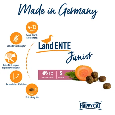 Happy Cat Land Ente Junior, Made in Germany, getreidefreie Rezeptur, unterstützt Abwehrkräfte, harmonisches Wachstum, Kroketten S mit 81% tierischem Protein, geeignet für 4-12 Monate.