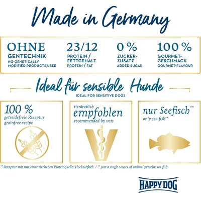 Made in Germany, sans OGM, 23/12 protéines/lipides, 0 % sucre ajouté, 100 % goût gourmet, recette sans céréales, recommandé par des vétérinaires, uniquement poisson de mer, Happy Dog.