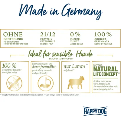 Made in Germany. Ohne Gentechnik, 21/12 Protein/Fettgehalt, 0% Zuckerzusatz, 100% Gourmet-Geschmack. Ideal für sensible Hunde: weizenfrei, magenfreundlich, nur Lamm. Happy Dog Natural Life Concept.