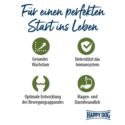 Für einen perfekten Start ins Leben: Gesundes Wachstum, unterstützt das Immunsystem, optimale Entwicklung des Bewegungsapparates, magen- und darmfreundlich. Happy Dog.