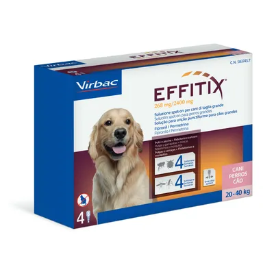 Virbac EFFITIX 268 mg/2400 mg, solución spot-on para perros grandes, fipronilo y permetrina. Protección 4 semanas contra pulgas, garrapatas, flebótomos y mosquitos. 20–40 kg, 4 pipetas.