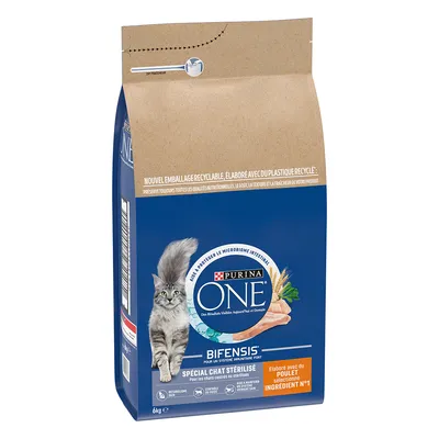 Sac Purina ONE Bifensis Spécial Chat Stérilisé, 6 kg, élaboré avec du poulet ingrédient n°1, nouvel emballage recyclable, pour chats castrés ou stérilisés.