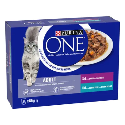 Purina One Adult, 8 x 85g. Four pouches with lamb and carrots, four with ocean fish and green beans. Supports gut microbiome, natural defences, vitality, bones, muscles and joints.